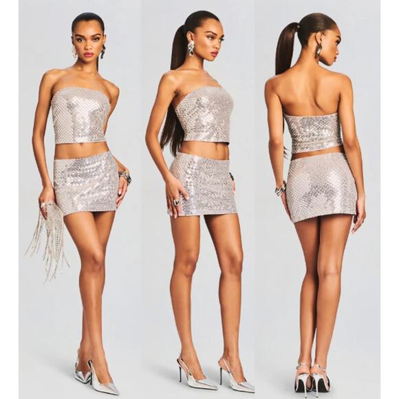 Retrofete Birdie Embellished Sequins Low Rise Mini Skirt Mink Grey Womens Size L - Picture 1 of 6
